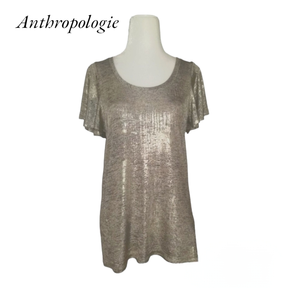 Anthropologie Flutter-Sleeved Metallic Top NWOT